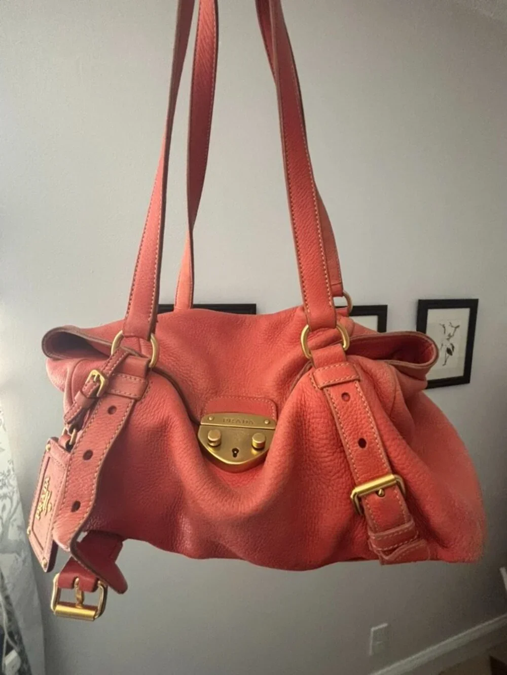Vintage Prada Original Deerskin Leather Satchel Coral/Red (Faded Edges)